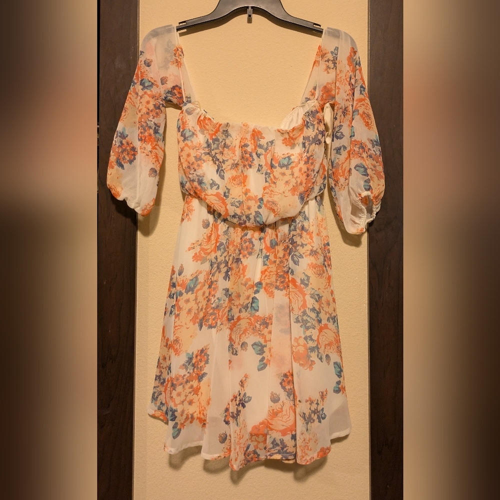 Floral Off-Shoulder Dress - Orange and Blue